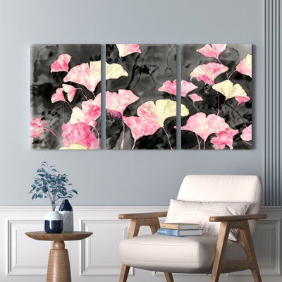 Rose et jaune feuilles de ginkgo abstraites sur toile tendue, ensemble de 3 reproductions de peintures à l'huile pour salon