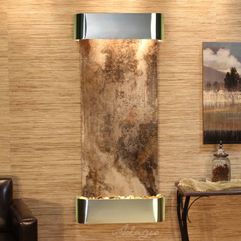 Inspiration Falls Handcrafted Indoor Natural Stone Waterfall Fountain with Lights, Magnifico Travertine, Stainless Steel