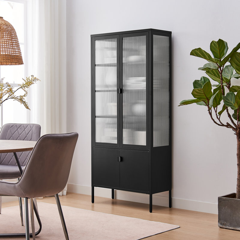 Natinal Tall Boy Metal & Fluted Glass Display Cabinet - Sleek Modern Design