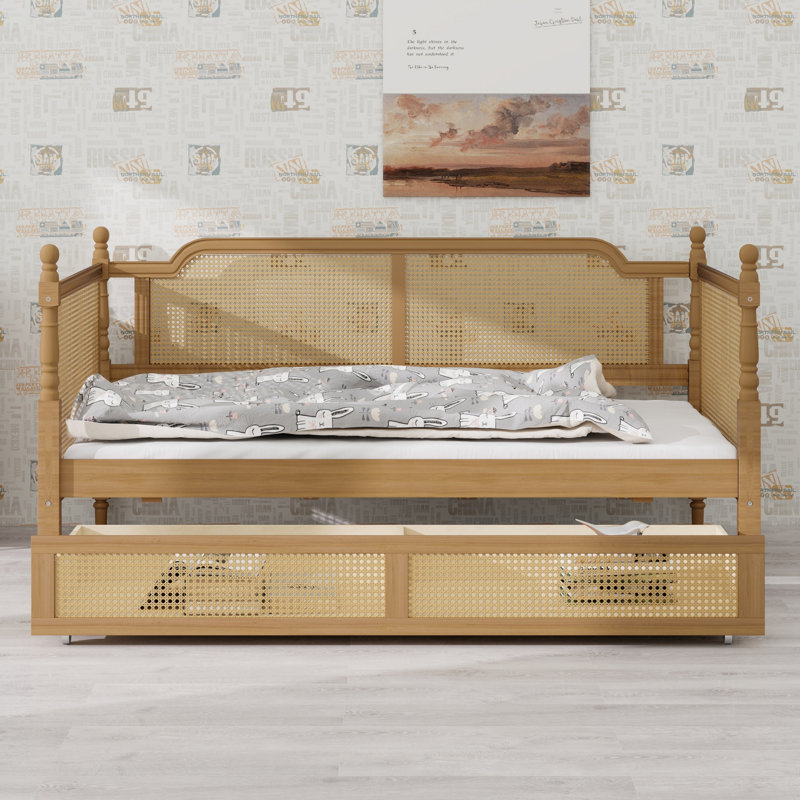 Traditional Rattan Daybed with 2 Storage Drawers,  for Guest Rooms and Limited Areas, Antique Walnut