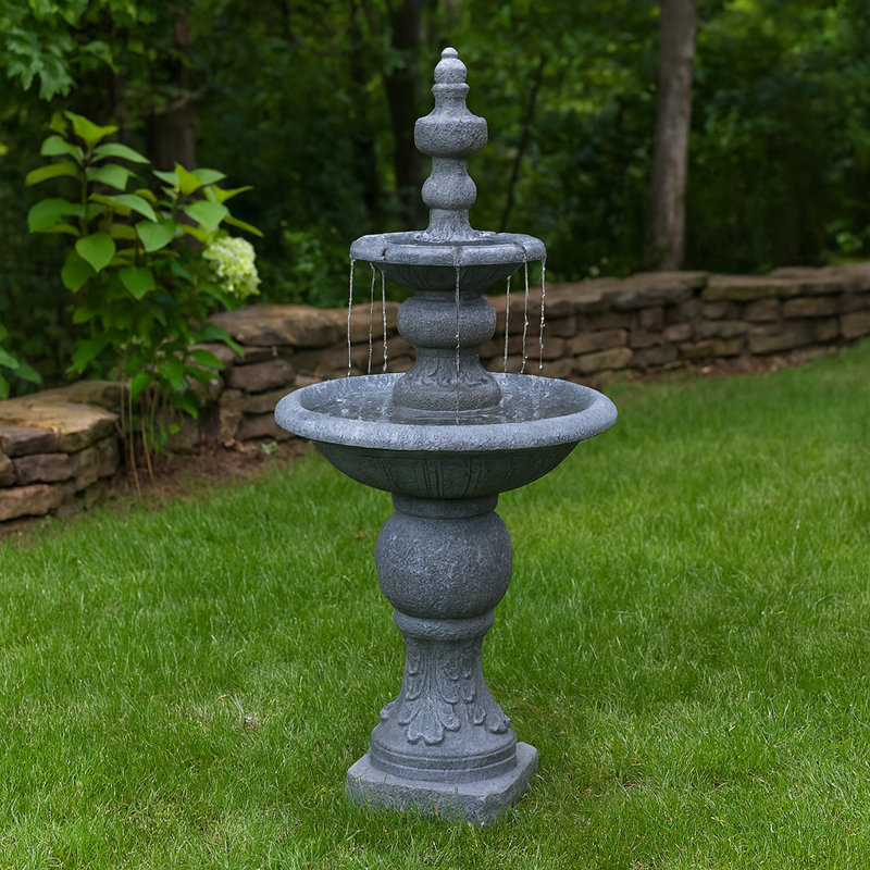 Fontaine à piédestal d'extérieur classique à 2 niveaux Plourde avec débit réglable, bassin peu profond et conception résistante aux intempéries