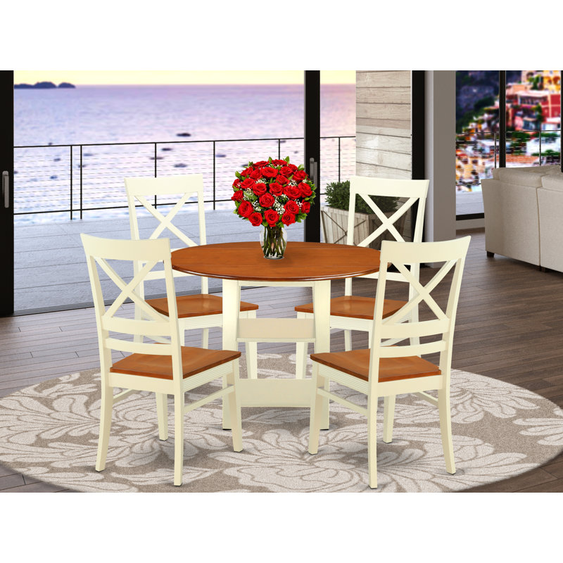 5 Piece Dining Room Table Set Includes a Round Kitchen Table with Dropleaf & Shelves and 4 Dining Chairs, Buttermilk & Cherry