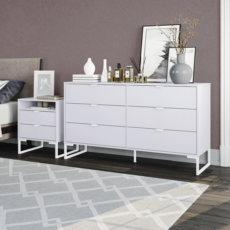 Ensemble de commode 2 pièces Jomana - Commode 6 tiroirs et table de chevet 2 tiroirs, Blanc