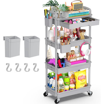 4-Tier Rolling Utility Cart With Removable Drawer, 360° Swivel & Lockable Wheels, Heavy-Duty Storage Organizer For Bathroom, Kitchen, Craft, Makeup, And Baby Essentials
