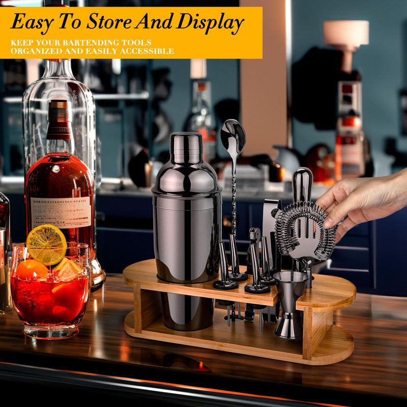 Ensemble de barman à cocktail avec support, ensemble de mélangeur de boissons en acier inoxydable avec tous les accessoires essentiels, ensemble de bar à outils professionnel, cadeaux pour bar à domicile et hommes