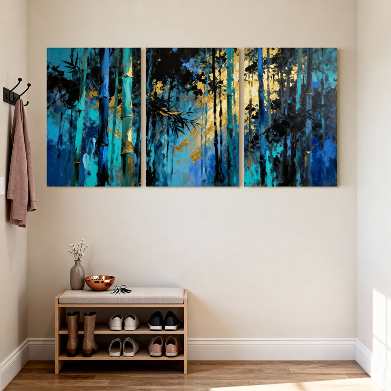 Abstrait bleu forêt de bambou, ensemble de 3 reproductions d'art sur toile, H 18 po x l 36 po