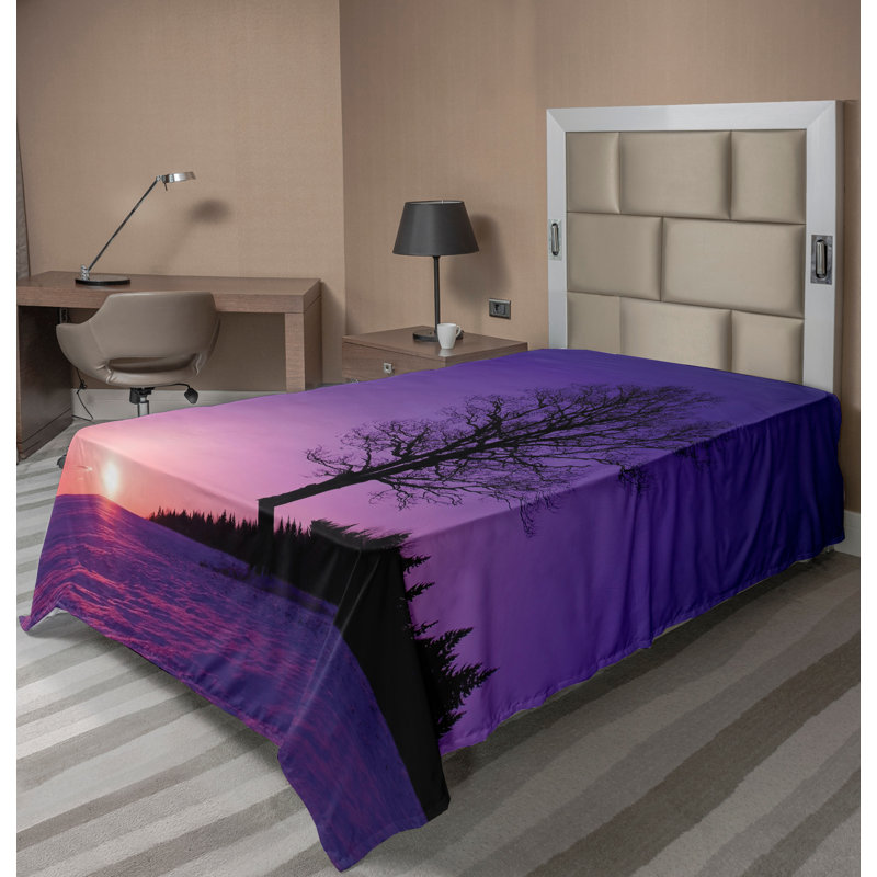 Ambesonne Tree Top Flat Sheet Sunset Nature Landscape Purple Black, Twin XL Flat Sheet