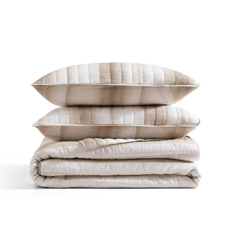 Beige Striped Full Cotton Reversible Quilt Set
