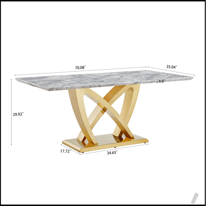 Élégante table de salle à manger rectangulaire en faux marbre 70 po avec base en acier inoxydable à finition miroir, parfaite pour les salles à manger modernes et spacieuses