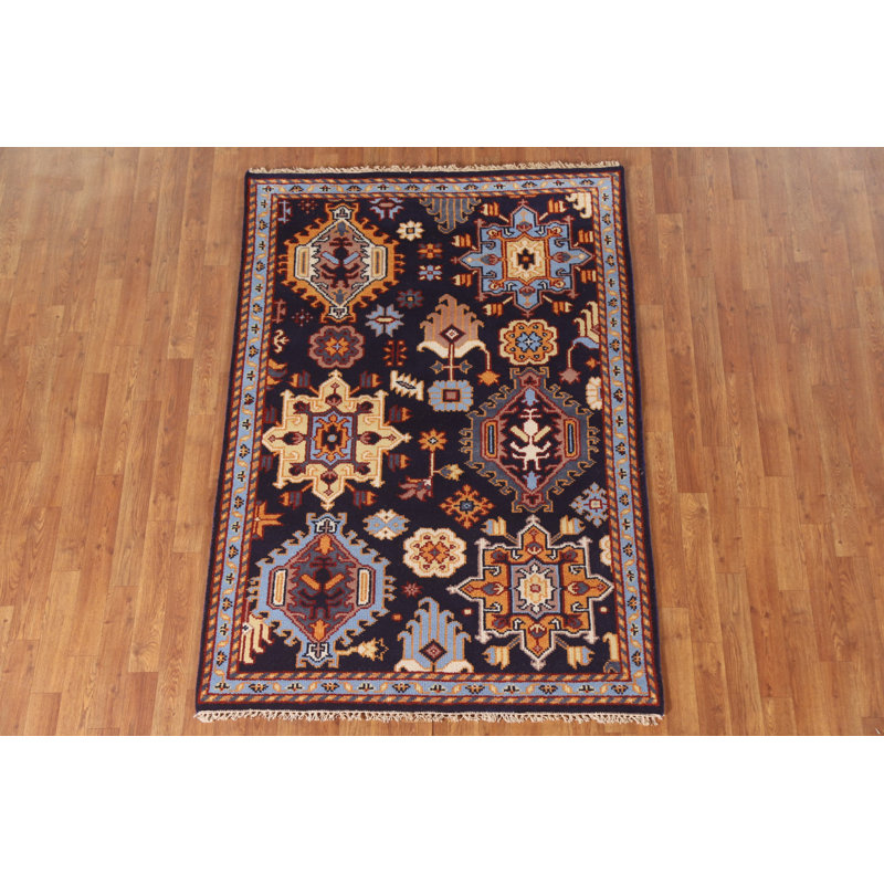 Tapis de vestibule indien bleu marine traditionnel 4 x 6