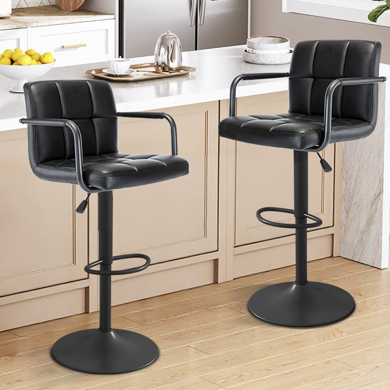 Tabourets de bar carrés en cuir pu, tabourets de comptoir pivotants réglables avec dossier et accoudoirs, Noir, Noir, 2