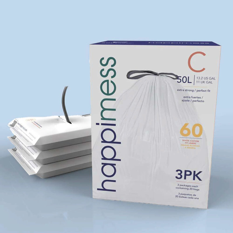 Drawstring Trash Bags 60 Count, 13.2 Gallons, White
