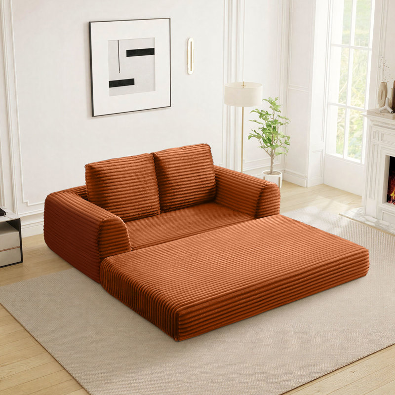 Boneless Cloud Compression Convertible Floor Sofa Bed, High-Density Sponge & Corduroy Fabric Futon Loveseat, Orange