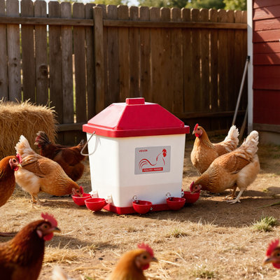 Abreuvoir à poule automatique 5 gallons, 6 ports d'eau, gobelet à remplissage automatique, abreuvoir à gravité automatique avec poignée et anneau en caoutchouc scellé, matériau en PP imperméable, sans déchet, pour le poulet