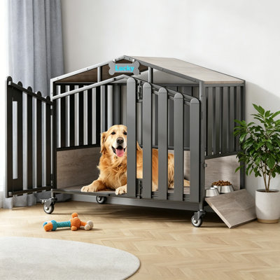 Meuble pour chien robuste 41,3 pouces avec roulettes verrouillables, niche pour animal de compagnie, chenil en bois d'intérieur