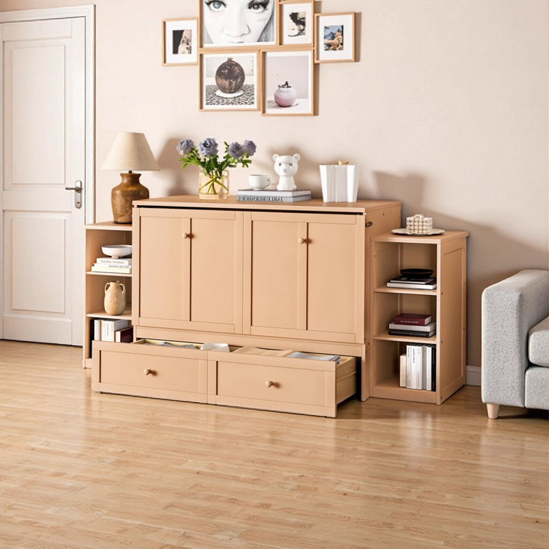 Lit double escamotable grand lit double avec tiroirs et tablettes de rangement spacieux - Lit armoire en bois de pin peu encombrant pour chambres d'amis, chambres à coucher compactes et bureaux à domicile