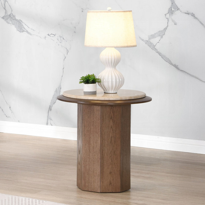 Kasha Travertine Top & Walnut End Table