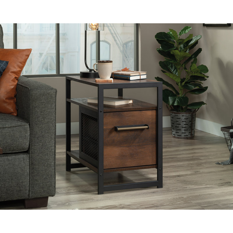 Barrel Oak and Metal Frame Nightstand with Drawer