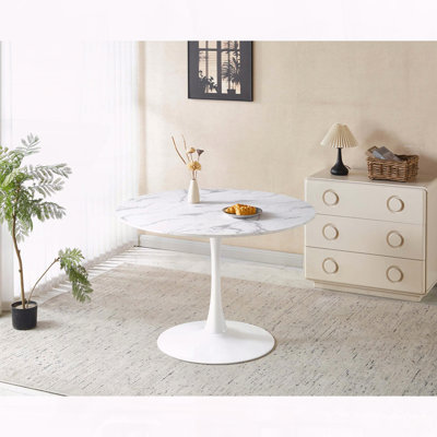 Table tulipe 42,1 po en marbre blanc - Plateau rond en panneau de fibres à densité moyenne avec piédestal en métal, sièges 4-6