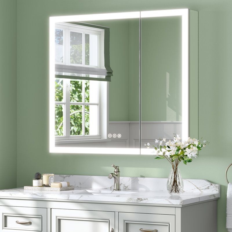 Recessed or Surface LED Mirror Medicine Cabinet, Defogger, Touch Sensor, Dimmer, Outlets and USBs, 30" H x 36" W x 5.47" D