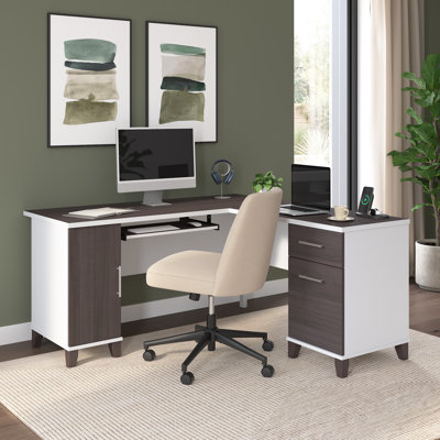 Paelynn 60” L-Shaped Desk with Storage and Drawers, Corner Computer Desk, Modern Wood, Storm Gray and White