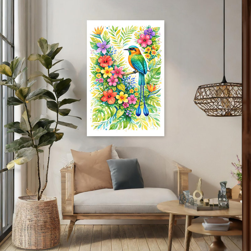 Motmot dans un paysage tropical, H 48 po x l 32 po
