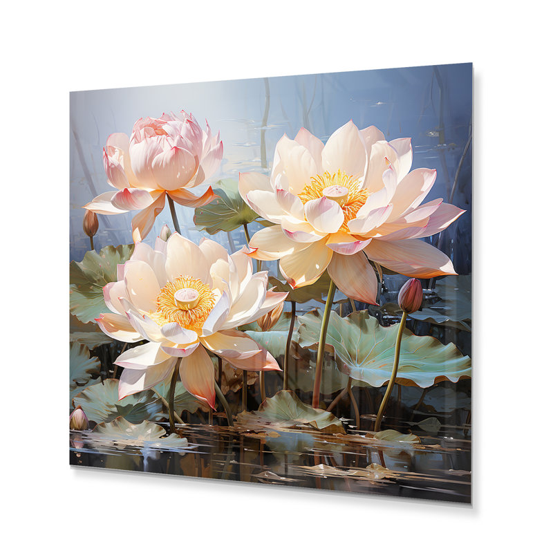 Impression romantique blanche et jaune sur lotus - impression sans cadre sur métal, H 16 po x l 16 po x P 1 po