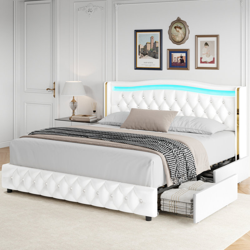 Areyon Upholstered Wingback Storage Bed, Full, White