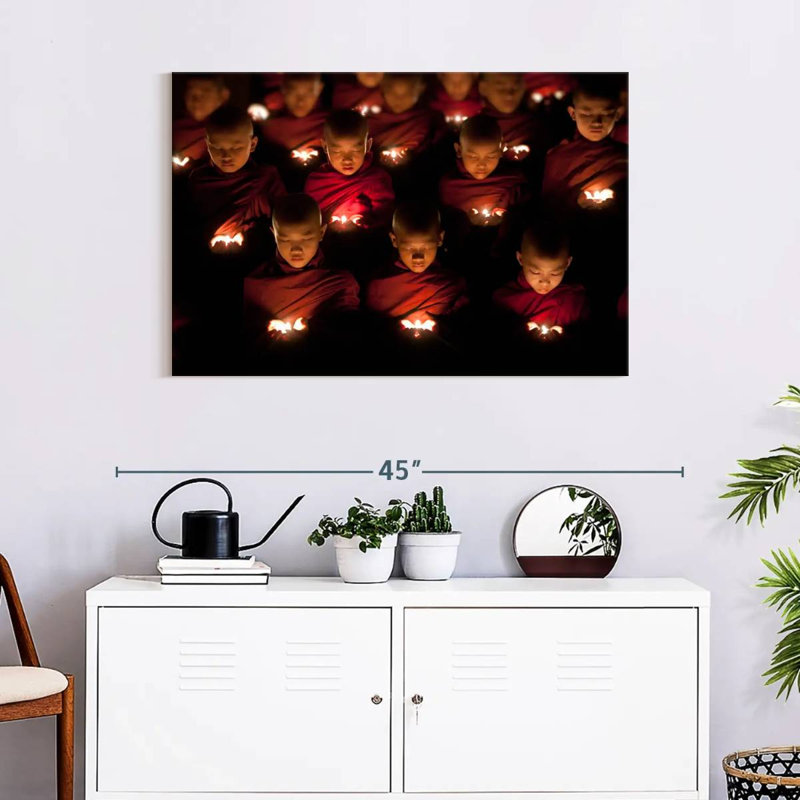 Adella Burmese Monks Praying In Yangon Burma, 24" H x 36" W