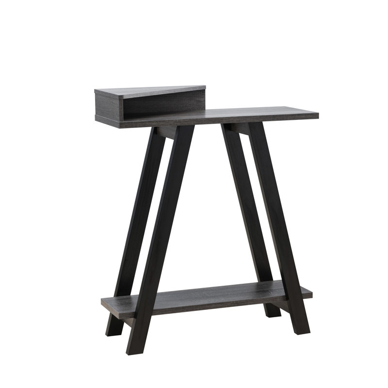 Console moderne bicolore noir et gris, 2 tablettes, pieds en forme de A, grand plateau, rangement supplémentaire, charge maximale de 4,5 kg par étagère, panneaux de particules gris, espace d'exposition.