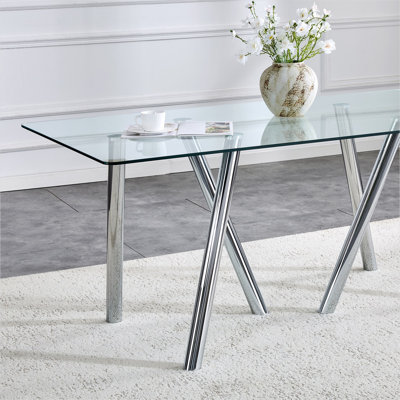 Table de salle à manger avec plateau en verre trempé et base en acier inoxydable, sièges 4-8, transparent moderne, 70,87 po