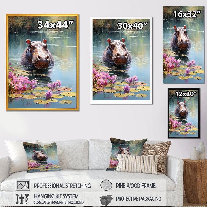 Art mural africain, Hippopotames d'Afrique - Hippopotame, Cadre flottant doré, 32" H x 24" W