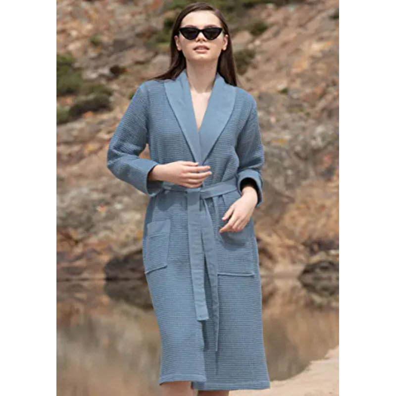 Peignoir mi-mollet en coton avec poches, L, Bleu indigo