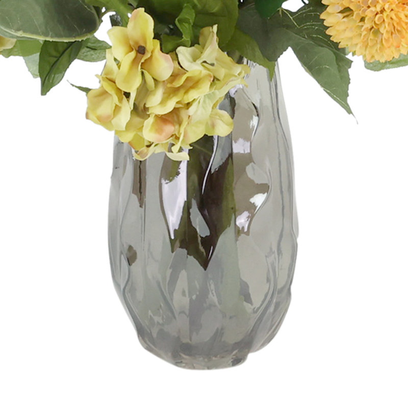Sunflower, Hydrangea and Dahlia Fall Arrangement in a Glass Vase