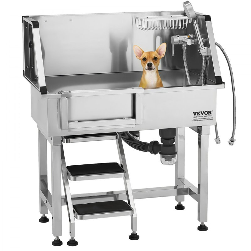 34 po Baignoire de toilettage pour chien en acier inoxydable avec robinet d'escalier et porte à gauche