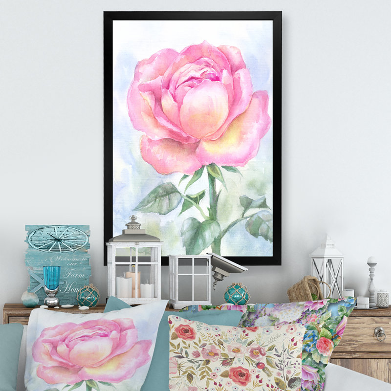Simple rose rose - reproduction d'art sur toile traditionnelle, Impression noire sur toile encadrée