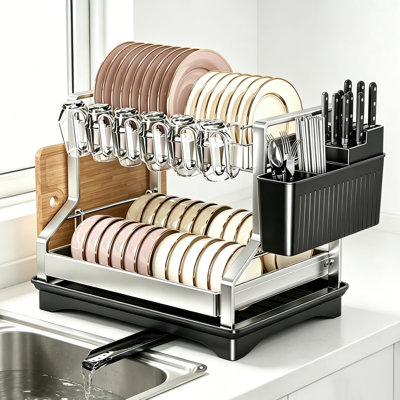 Stainless Steel Dish Rack Silver Dish Drying Holder Countertop Dish Drainer with Drip Tray Cup Knife and Cutting Board Holder