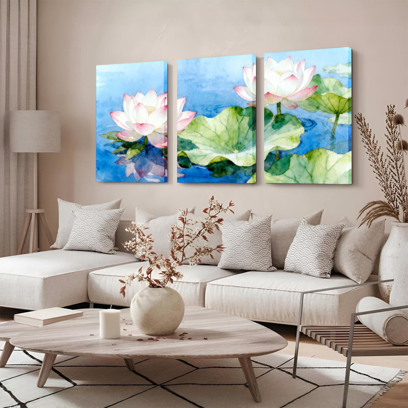 Aquarelle sur toile de fleur de lotus, impression florale sur toile (ensemble de 3), H 24 po x l 48 po