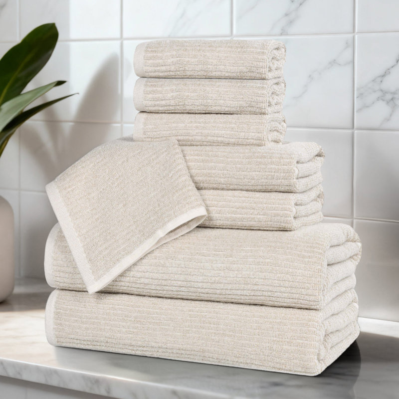 Blue Nile Mills  Viscose Cotton Blend Towel Set - Textured Ribbed Design - Quick-Dry, Beige