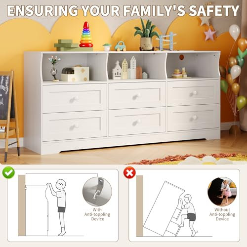 6 Drawer Dresser for Bedroom with Power Outlets & LED Light, Slim Wooden Chest of Drawers with Open Shelf, White