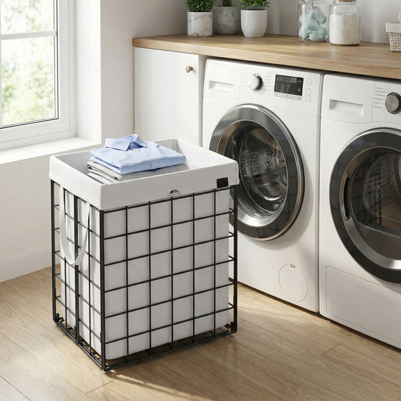 Collapsible Laundry Hamper, White/Black