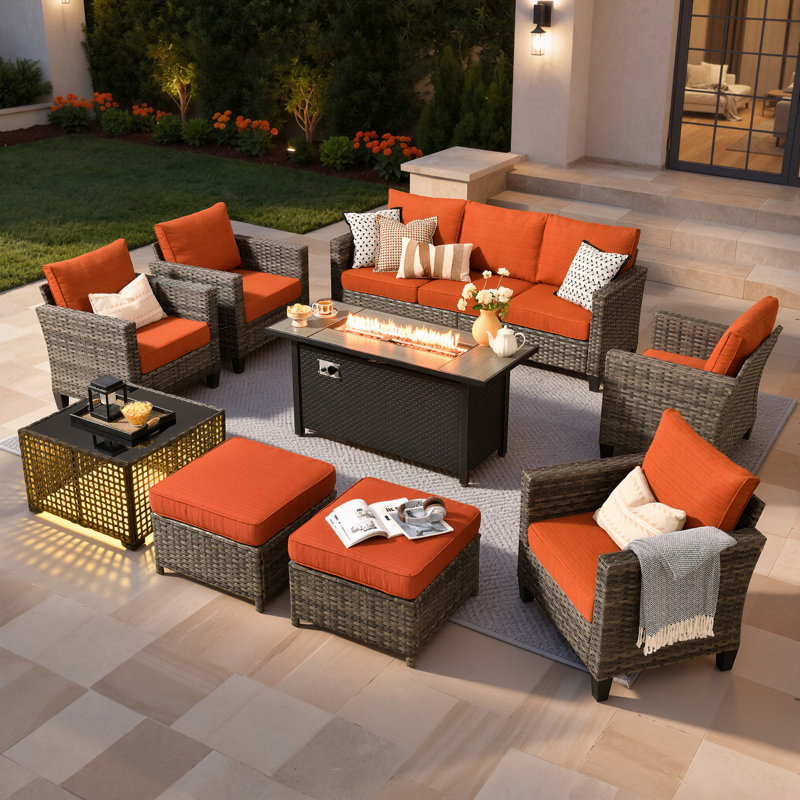 Harbin Wicker/rattan 9- Person Outdoor Seating Group With Ottoman With Fire Pit Table, Orange/Red