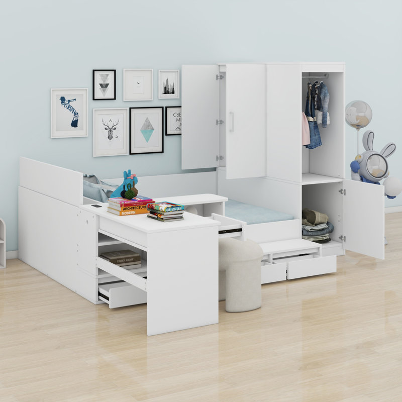 Lit plateforme avec tiroirs, tablettes, bureau et garde-robe, Blanc