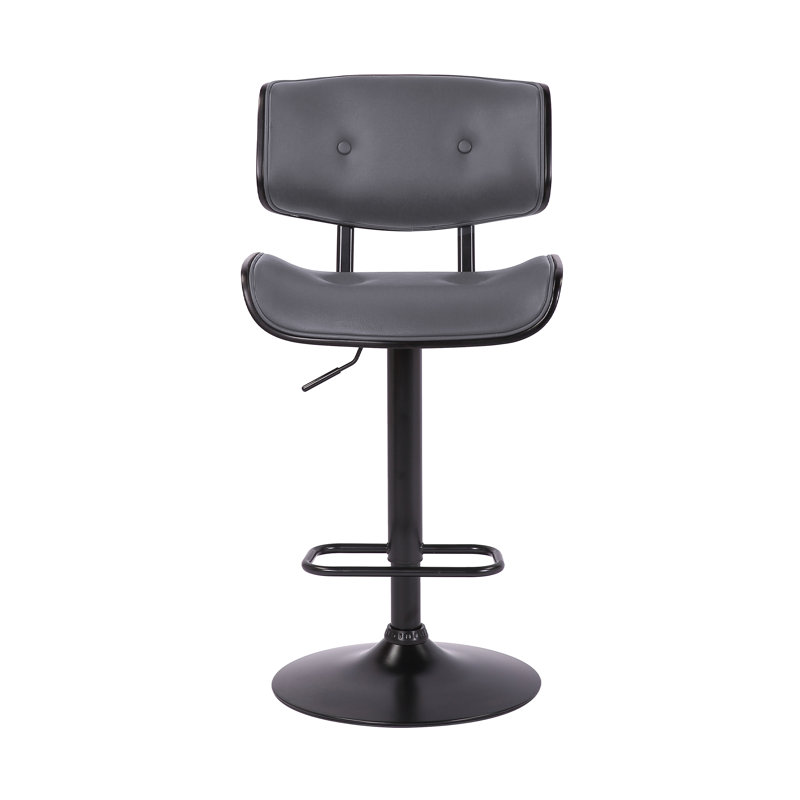 Primeau Swivel Adjustable Height Bar Stool with Pedestal Base in Faux Leather, Wood and Metal, Black, Gray