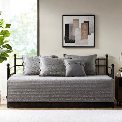 Housse de lit de jour 6 en gris - Imprimé à carreaux réversible avec housse, toile de 15 po, taies décoratives et coussin décoratif, motif à chevrons lavable à la machine