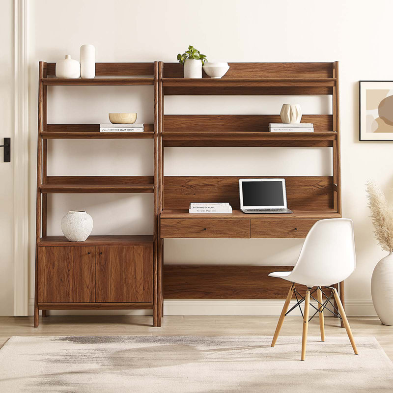 Modway Bixby 2-Piece Wood Office Desk and Bookshelf, Walnut