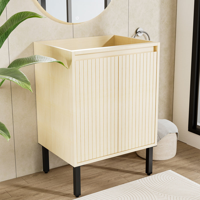 Ensemble de meuble-lavabo simple de style Mid-Century avec dessus de lavabo, portes à fermeture douce, Chêne