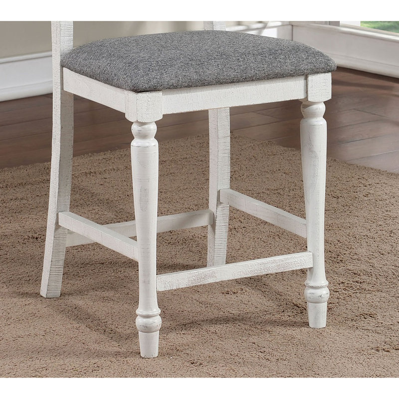 Chaises de salle à manger à hauteur de comptoir blanc antique gris, 2 pièces, bois massif, coussins en tissu, pieds tournés, dossier, chaises rustiques pour attirer 2 pièces et gris, dossier alluré