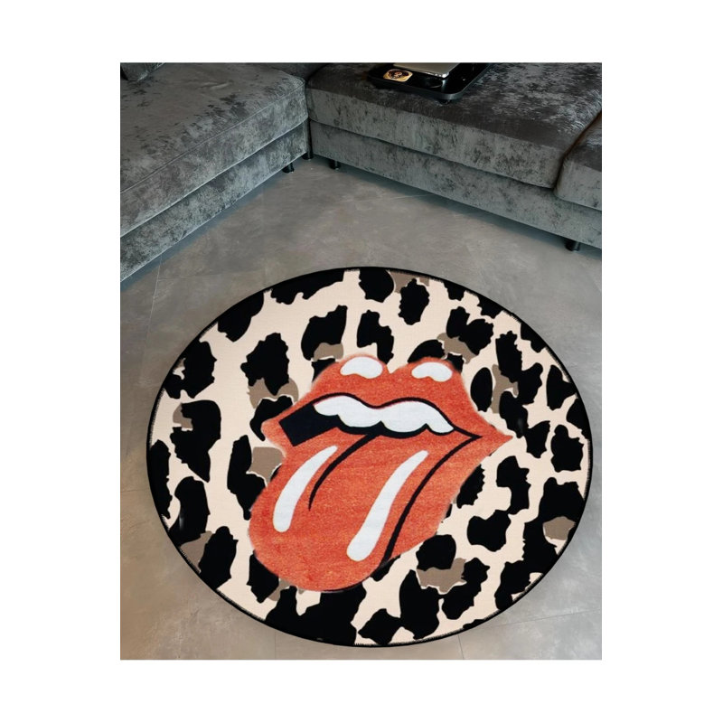 Leopard Pattern Red Lip And Tongue Detailed Woven Base Modern Decorative Carpet, Round 4'