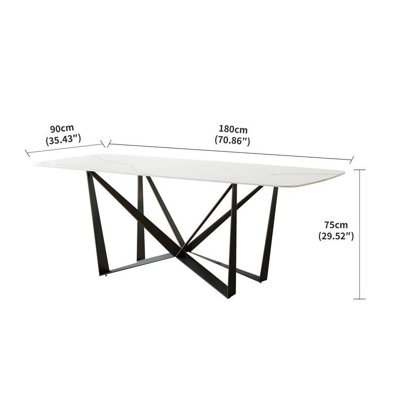 Table de salle à manger élégante en grès noir avec plateau en pierre Snow Mountain lustrée et base en acier au carbone, capacité de charge de 94,5 kg (excluant les chaises)